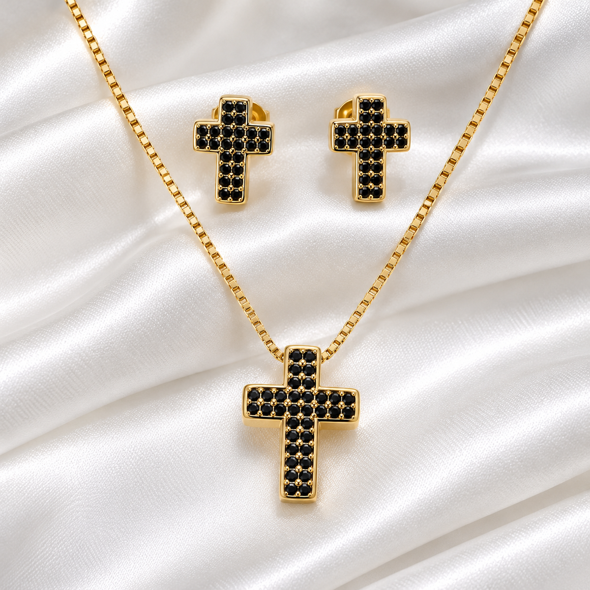 Conjunto Cruz Cravejada Zirconia Preta